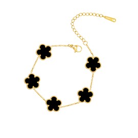 JIEMUCHU Gold Plated Stainless Steel Four Leaf Clover Bracelet Jewelry for Women (Black-Gold Plated)