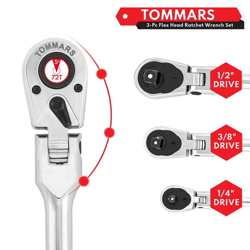 TOMMARS Flex-Head Ratchet Set, 1/4", 3/8", 1/2" Drive Flexible Ratchet