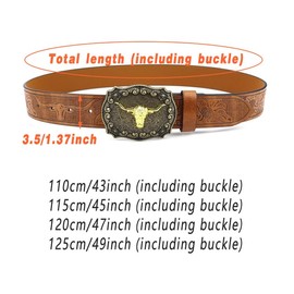 AIMALL Western Punk Style Men's Belt with Engraved Ngau Large Plate Buckle, Retro Social Youth Trend