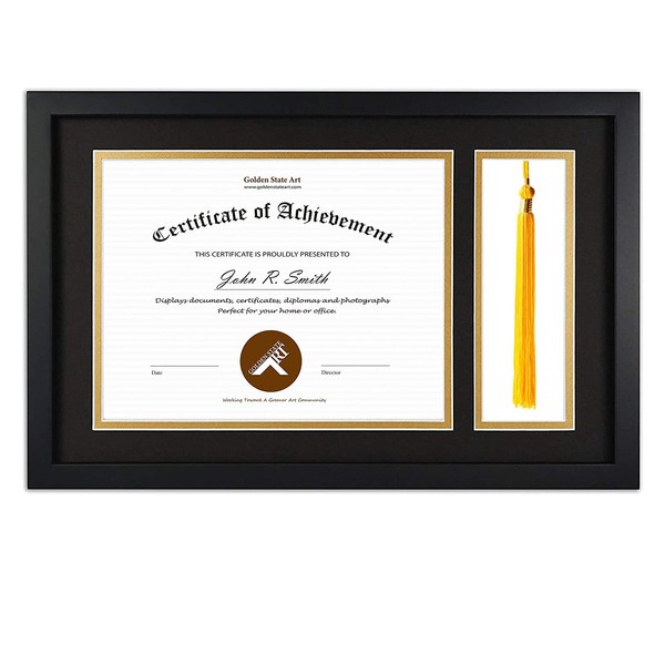 Golden State Art, 11x17.5 Black Diploma Frame with Tassel Holder for 8.5x11 Diploma and Tassel Frame, Graduation Shadow Box with Solid Wood and Tempered Glass, Black Over Gold Mat for Wall, 1 Pack