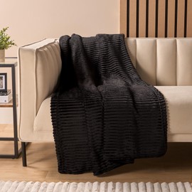 OHS Ribbed Fleece Throw Blanket, Soft Warm Comfy Decorative Rib Throw Texture Design Fluffy Fleece Blanket Home Decorative Bedroom & Couch Throw Over, 125 x 150cm - Black