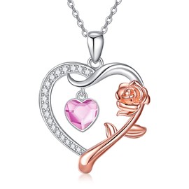 CHENGHONG Women's Rose Necklace 925 Sterling Silver Heart Pendant with 12 Birthstone Gifts for Christmas Mum Daughter, Sterling Silver, Roses