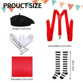 Conjunto de accesorios de cosplay de Mime francés para mujer, incluye boina negra, bufanda de tirantes rojos, guantes blancos y calcetines de rayas blancas negras para decoración de disfraces de