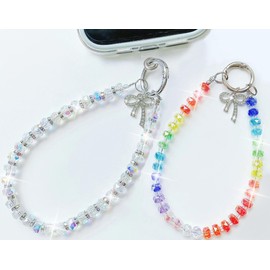 2 Pack Bling Crystal Keychain Charms Phone Wrist Strap for Women Girls,Shiny Lanyard Bracelet for Bags Carkeys Earphone Purse