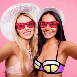 Geopty 12 Pack Hot Pink Sunglasses Party Favors Bulk, Fun Neon Colored Lens Glasses for Adults Unisex