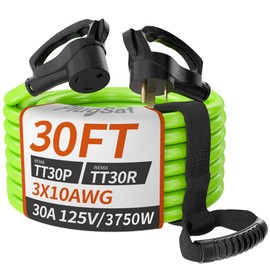 PlugSaf 30 FT 30 Amp RV Extension Cord Outdoor with Grip Handle, 10/3 Gauge Flexible Heavy Duty RV Power Cord Waterproof, NEMA TT-30P to NEMA TT-30R, 10AWG 125V 3750W STW, Green-Black, ETL Listed