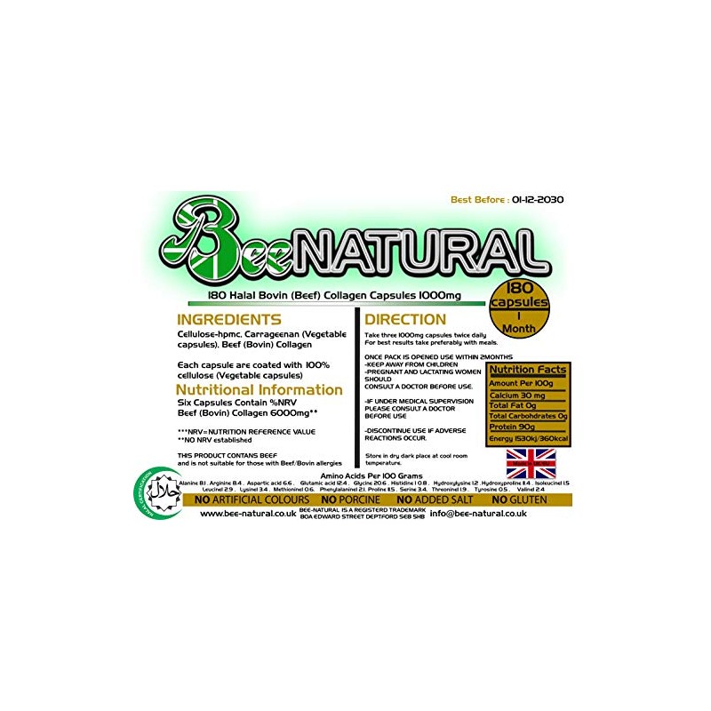 Halal Beef/Bovin 180 Hydrolyzed Collagen 1000mg (1 Month Supply)