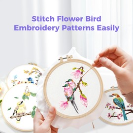 SWEWARM Embroidery Kit for Beginners,4 Sets Bird Flower Cross Stitch Kits for Adults Embellishment Starter Kits Chinese Traditional DIY Embroidery Kits with Instructions Hoops Needles Threads