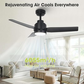 42 Inch Black Ceiling Fans with Lights and Remote/APP, Modern Ceiling Fan for Living Room Outdoor Ceiling Fan 6-Speed Adjustable Reversible DC Motor Timer Noiseless 3CCT Dimmable for Bedroom Office