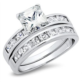 Metal Factory Sz 6 Sterling Silver Cubic Zirconia 2.8 Carat tw Princess Cut CZ Wedding Engagement Ring Set