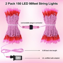 ILLUMINEW Pink Christmas Lights - 98ft 2 Pack 150 Count Connectable Waterproof Led Fairy Lights Bulbs for Indoor Outdoor Christmas Tree Wedding Valentine's Day Decor (Pink, 150 Count - 2 Pack)