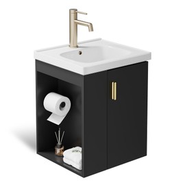 phiestina 16 Inch Black Floating Wall-Mounted Bathroom Vanity for Small Space, Pre-Assembled Cabinet with Ceramic Sink, Soft-Close Door, Left Side Storage, No Faucet, BV04-16-BLACK-PLUS