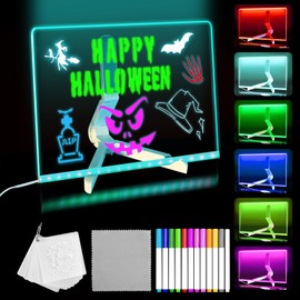 YUYIUS LED Acrylic Message Board, Light Up Acrylic Dry Erase Board with 7-Color Light, LED Note Board with Colors for Kids, Glow Memo Message Writing Board with Light, Drawing Stencils Set Included