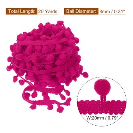 QUARKZMAN 20 Yards Pom Pom Ball Fringe Trim, Ribbon Sewing Accessory DIY Crafts for Home Curtain Clothes Pillow Decoration (8 mm, Fuchsia)