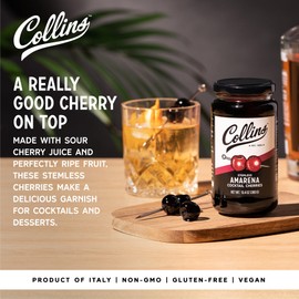 Collins Amarena Cherries in Syrup | Premium Garnish for Cocktails, Martinis, Old Fashioned, Manhattan, Chocolate, Dessert, Bourbon Accessories, 13.5oz
