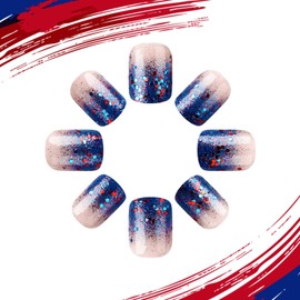 24Pcs Blue Ombre French Tip Independence Day Press on Nails Short Square Fake Nails with Red Blue Glitter Sequins Designs Glossy Glue on Nails Light Pink Full Cover Stick on Nails for Women Girls