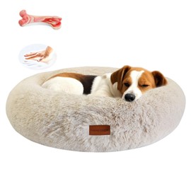 HANESHER Dog Bed for Large and Medium Dogs – Orthopaedic Memory Foam, Ultra-Soft Plush, Non-Slip Base – Anti-Stress Bed for Dogs and Cats (Beige)