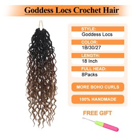 New Goddess Locs Crochet Hair 8 Packs 18inch Ombre Wavy Faux Locs Synthetic Hair with Pre Looped Curly Crochet Locs for Black Women Boho Hippie Locs Hair Extensions (1B/30/27,18 Inch)