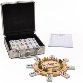 Mexican Train Dominoes Set Double 12 Color with Numbers and Wooden Hub 8 Metal Trains and Aluminum Case