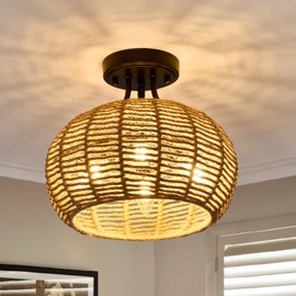 XSDeTu Boho Light Fixtures Ceiling Mount, 4-Light Farmhouse Hemp Rope Flush Mount Ceiling Light, Rustic Hand Woven Chandelier, Coastal Close to Ceiling lamp for Bedroom Hallway Entryway Kitchen