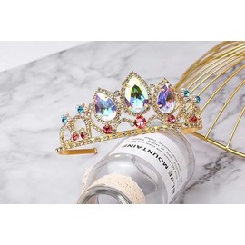 [HUQIDAO] Rapunzel Tiara Princess Crown and Necklace Crown Hair Ornament Inspired on the Tower Girl Aurora Stone Sparkle Gold Crown Nice Gift for Girls Birthday