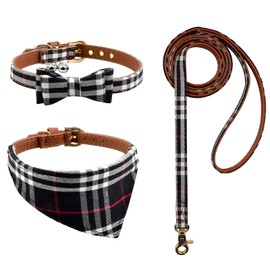 3PCS Bow Tie Dog Collar and Leash Set Plaid/Camo/Dots/Flower Dog Bandanas with Bell 3 Size Adjustable for Small Dogs Puppies and Cats (S, Black Plaid)