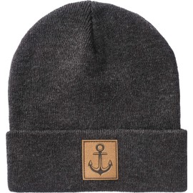 Knitted Hat: Anchor with Leather Patch – Wool Hat Winter Hat – Sailor – Long Beanie Men Women Boys Girls Child – Fishing Captain Hat – Black – Hipster Streetwear Urban – Gift, charcoal