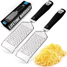 Zulay Kitchen Professional Cheese Grater Stainless Steel - Durable Rust-Proof Metal Lemon Zester Grater With Handle - Flat Handheld Grater For Cheese, Chocolate, Spices, And More - 2 Pack - Black