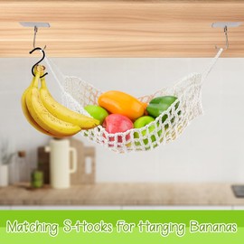 DIBALIYI Hanging Fruit Hammock Set, Cotton Fruit Holder with 2 Pcs Self-Adhesive Hooks, 2 Pcs S Hooks and 2 Spiral hook, Hand Woven Wall Mounted Fruit Basket for Kitchen RVs Home