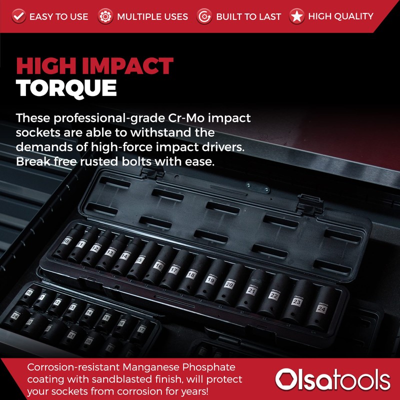 Olsa Tools 1/2-Inch Drive Deep Impact Socket Set - 15pc