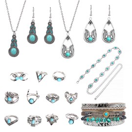 17PCS Turquoise Jewelry for Women,Bohemian Western Jewelry Set with Waist Chain Rings and Necklace Vintage Turquoise Drop Earrings Bracelet,Boho Turquoise Jewelry Anniversary Birthday Friendship Gift