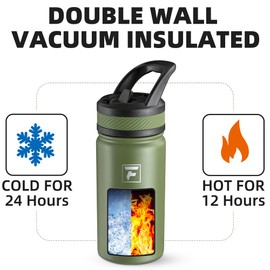 Fanhaw 14 Oz Kids Insulated Water Bottle with Straw Lid – Stainless Steel Double Wall Vacuum, Leak-Proof, BPA-Free Water Bottles for School Boys & Girls(Olive Green)