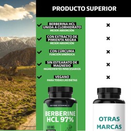 Berberina Hcl 97% | 500mg De Berberina Clorhidrato, Potenciado Con Piperina (pimienta negra) Al 97% Y Raíz de Cúrcuma (curcumina, curcuminoides) | Berberine 60 Cápsulas