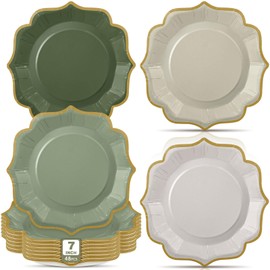 Potchen Sage Green Plates Party Plates 7 Inch Gradient Color Scalloped Disposable Plates Dessert Plates Paper Plates for Summer Wedding Birthday Baby Shower Party Supplies, 4 Colors (48 Pcs)