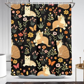 Coxila Funny Cat Shower Curtain Cute Fun Kids Girls Girly Toddler Black Farmhouse Kitten Kawaii Cartoon Animal Floral Flower Cottagecore Whimsigoth Bathroom 60 x 72 Inch Polyester Fabric 12 Pack Hooks