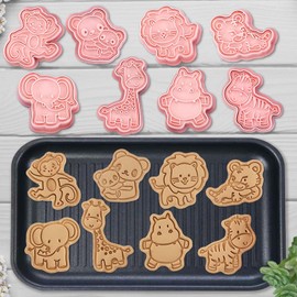 8 Mini Animal Cookie Cutters Set, 3D Raised Design Animal Embossing Stamps, Lion, Tiger, Panda, Elephant, Zebra, Giraffe, Monkey, Hippo, Baking Molds (Forest)