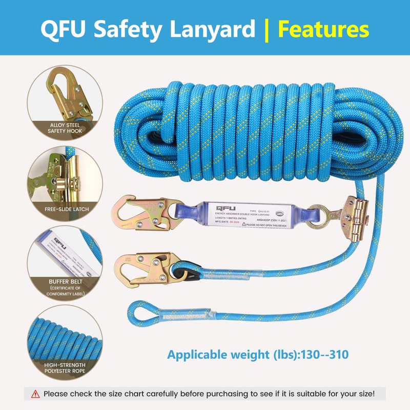 50FT Fall Protection Safety Rope - Heavy Duty Vertical Roof