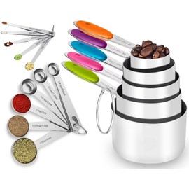 YUNNKEEY Measuring Cups & Spoons Set of 16 - Includes 5 Stainless Steel Nesting Measuring Cups, 6 Measuring Spoons, 5 Mini Spoons, Ideal for Dry and Liquid Ingredients