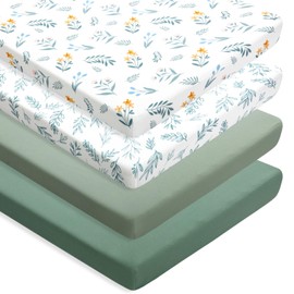 4 Pack Sage Green Fitted Nursery Sheets Neutral Unisex Baby Breathable Sheets for Boys or Girls with Leaf and Flower Design (N-Play Sheet)
