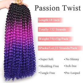 Leeven 6 Packs Water Wave Crochet Passion Twist Hair For Butterfly Locs 18 Inch 3 Tones Ombre Purple to Blue Curly Passion Twists Crochet Hair 49# Synthetic Bomb Twist Braiding Hair Extensions