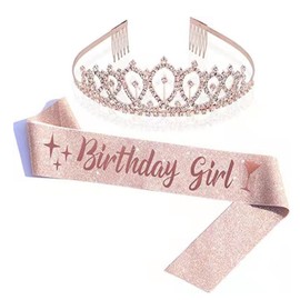 Birthday Crown and Sash for Women Rose Gold Birthday Girl Sash & Rhinestone Tiara Set Party Decoration Headband for Girl Glitter Crystal Hair Accessories