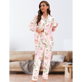 EPLAZA Silk Pajamas for Women Satin Pajamas Set 5 Pcs Long Sleeve Print Pattern Button Down Pjs Sleepwear Loungewear Set (Pink-rose print, L)