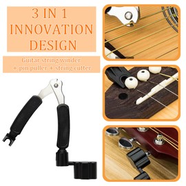 Guitar Maintenance Kit with 6 Pcs Guitar Strings - 3-in-1Multifunctional Gui-tar String Cutter, Gui-tar Tools for Strings Changing, Cutting&Bridge Pin Pulling, Black