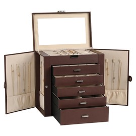 Frebeauty Large Jewelry Box,6-Tier PU Leather Jewelry Organizer,Multi-functional Storage Case with Mirror,Accessories Holder with 5 Drawers for Necklace Bracelets Watches(Dark Brown)