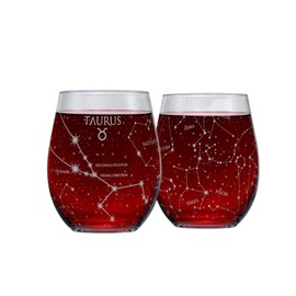 Greenline Goods Taurus Stemless Wine Glasses Zodiac Taurus Set Hand Etched 15 oz - Set of 2 - Astrology Sign Glassware