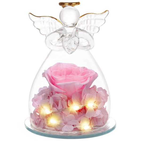 Sacredyna Preserved Rose in Glass Angel Figurine with Lights - Perfect Mom or Birthday Gift for Women-Pink Rose Flower with Light, Beautiful Gifts for Grandma and Wife on Thanksgiving Valentine's Day
