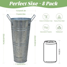 9 Inch Galvanized Metal Vases Farmhouse French Flower Bucket Vases for Cut Flowers, 8 Pcs Farmhouse Decorative Tall Flower Bucket with Handles for Table Weddings Home Decor (Silver, 8 Pcs 9inch)