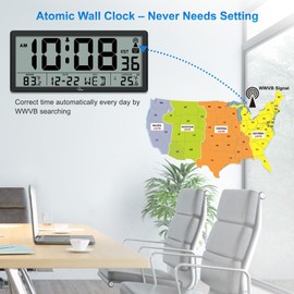 WallarGe Atomic Clock with Indoor Outdoor Temperature - Easy to Read - Self Setting, 14.5'' Jumbo Auto Set Digital Wall Clock Battery Operated