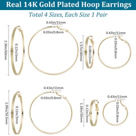 Beebeecraft 1 Box 4 Pairs Thin Golden Hoop Earrings Real 14K Gold Plated 3/4/5/6cm Lightweight Round Circle Earrings for Women Jewelry Making Earring Set DIY Crafts Supplies