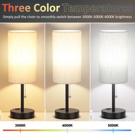 Plus Bedside Table Lamps Set of 2 - 3 Color Temperatures Pull Chain Lamp with AC Outlet Charging Port, Two Round Night Stand Lamps for Bedroom Guest Room Office, Bed Side Light with E26 LED Bulbs